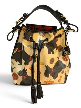 Dooney & Bourke Cream & Black Scottie Print Drawstring  Bucket Bag
